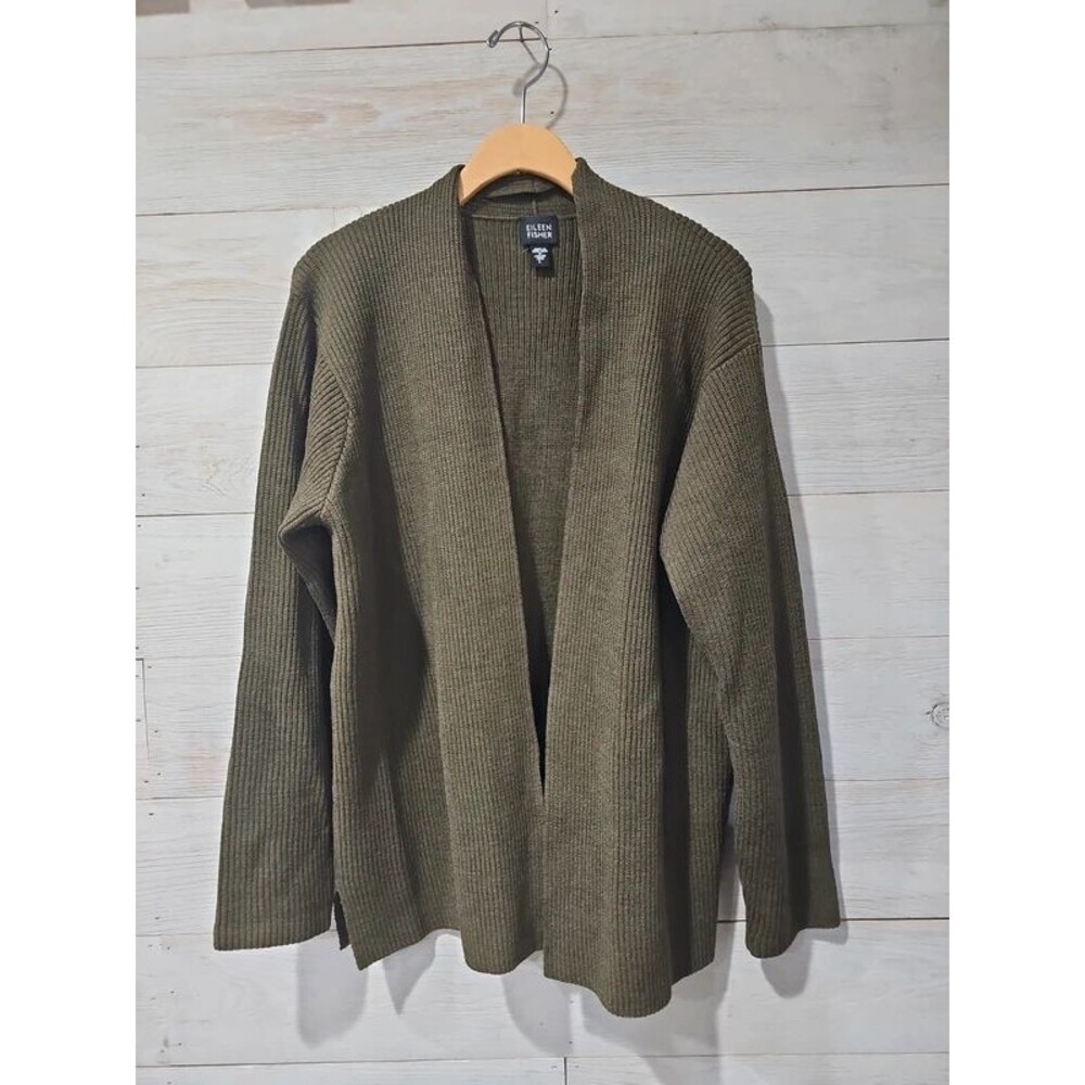 Eileen Fisher Open Front Cardigan Sweater Womens L Olive Green Ribbed Knit